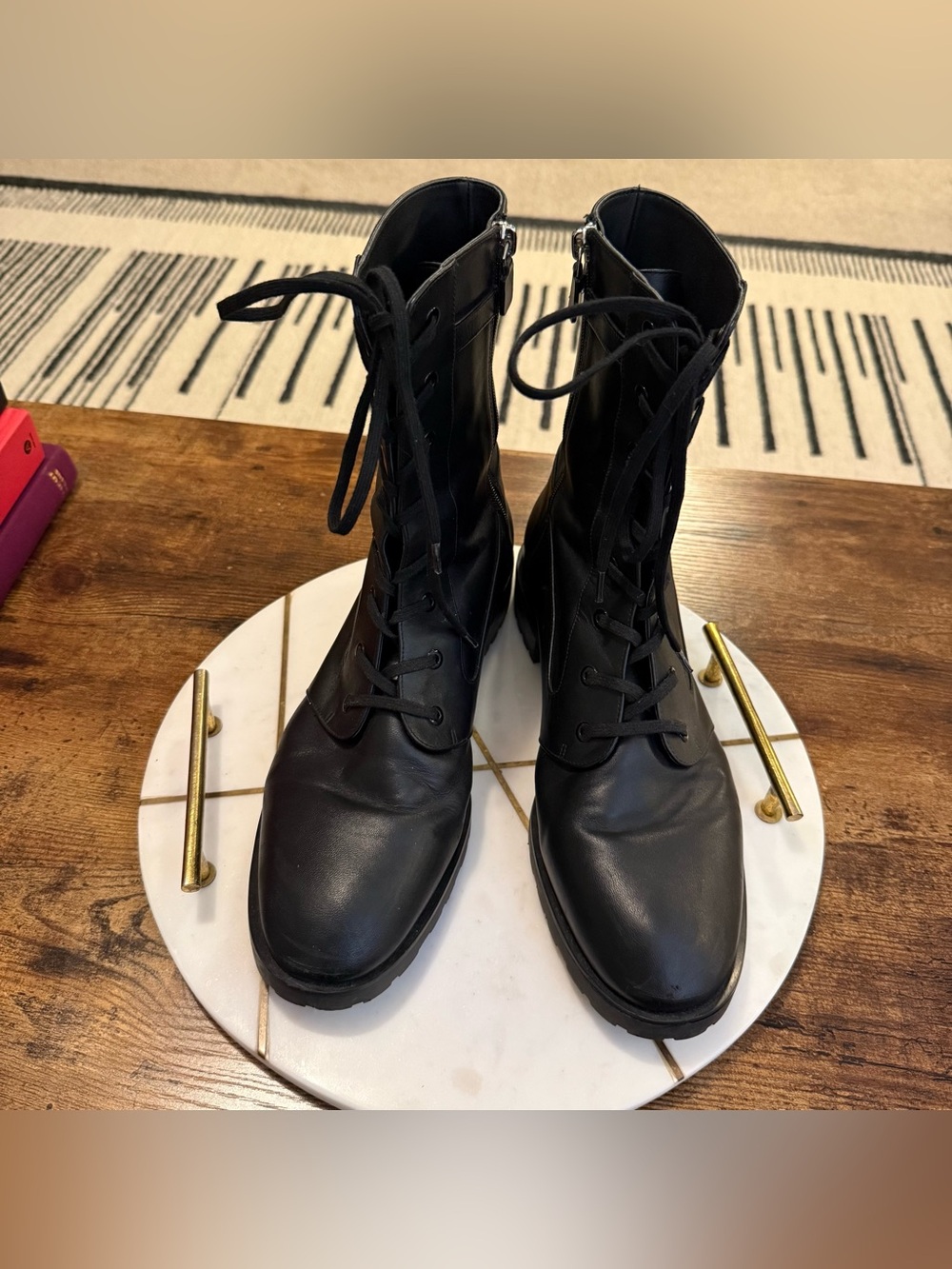Stuart Weitzman Black Leather Lace-Up Combat Boots with Buckle - Picture 4 of 11